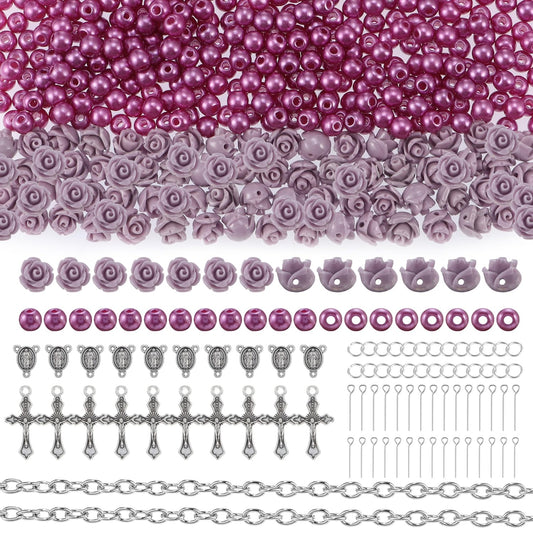 OEMOO 1410PCS Rosary Jewelry Making Kit Rosary Prayer Making Supplies Carved Rose Beads Cross Centerpiece Crucifix Medal, Silver Jesus Maria Pendant for Rosary Bracelet Necklace Jewelry (Purple)