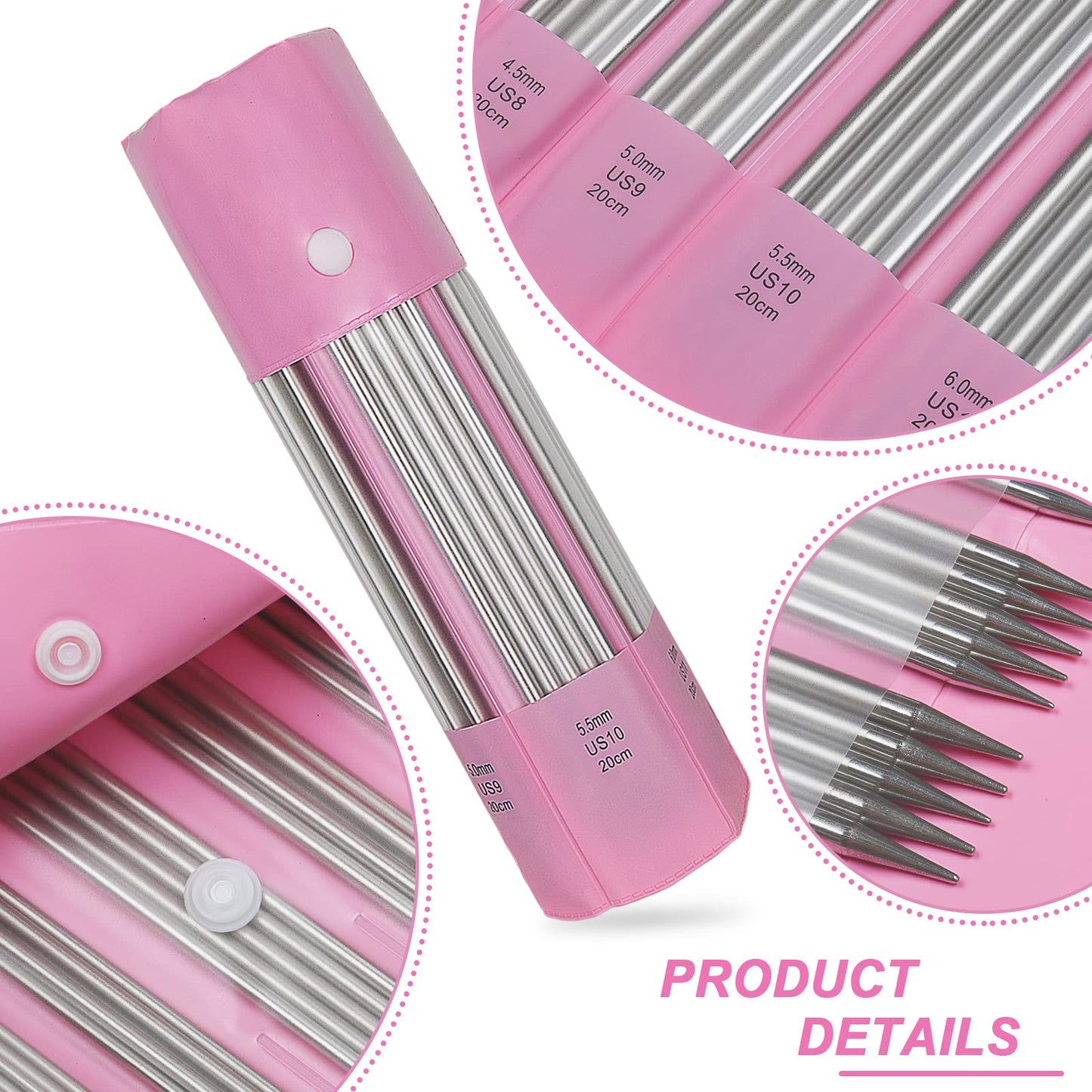 Aelike 55pcs Double Pointed Knitting Needles, 11 Sizes Stainless Steel Metal Short Knitting Needles Set, Straight & Double Pointed Knitting Needle Sets 2mm to 6mm