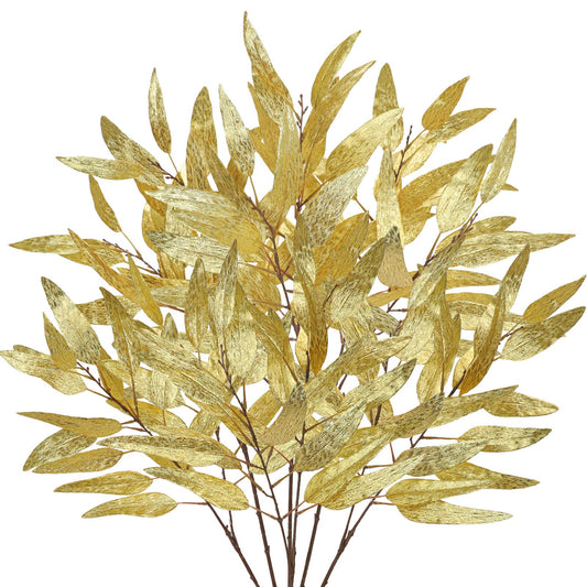 DILATATA 33.5" Gold Leaves for Christmas Tree, Glitter Christmas Leaf Stems, Non-Shedding Shiny Sequin Fabric Christmas Picks for Wreath, Centerpiece Decor