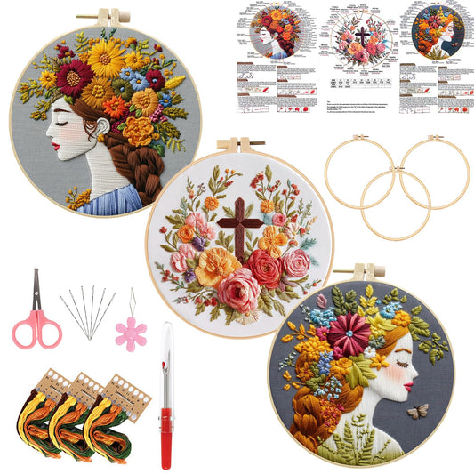 LYMIGER Floral Embroidery Kit for Adults, Flower Pre-Stamped Pattern Embroidery Kit for Beginners with Hoop Colorful Thread Needle Instruction, 7.9'' Hoop (Brown+Gold+Red)
