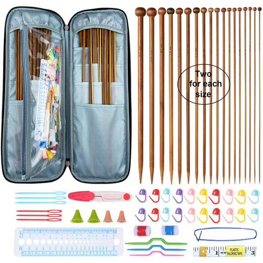 Mdoker Bamboo Knitting Needle Set with Case 36pcs Straight Single Pointed Kniting Needles 13.5inch Length Sweater Needles for DIY Knitting Projects(2mm-10mm) Knitting Set with Accessories