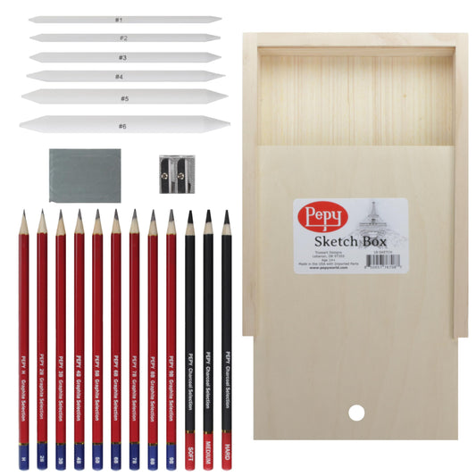 Pepy Sketching and Drawing Set in Wood Carrying Box: 3 Charcoal Pencils, 8 Graphite Pencils, Sharpener, Eraser, and Set of 6 Blending Stumps