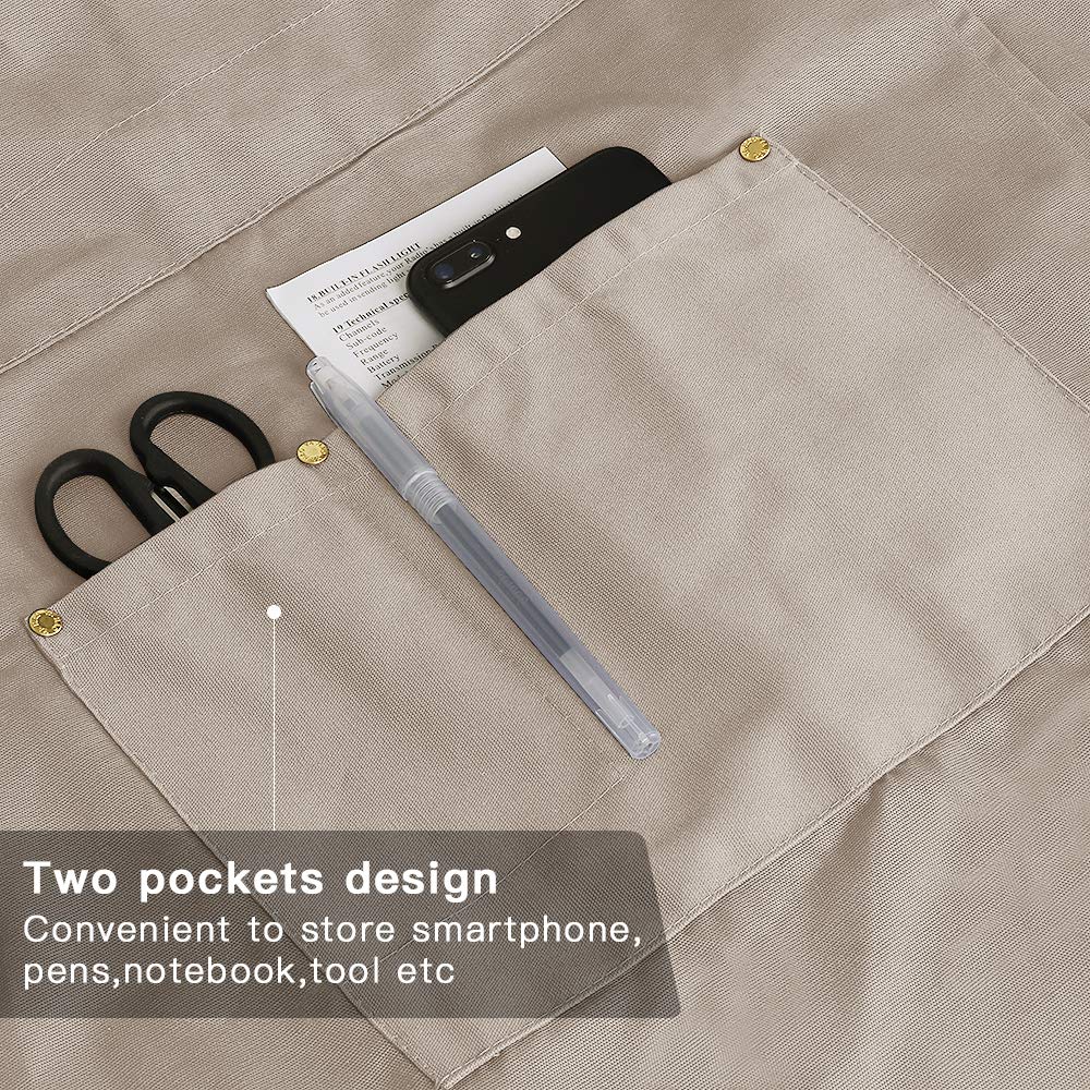 Mignongirl Crossback Apron with Pockets x2,Split Apron with Adjustable Straps,M-XXL (Beige)