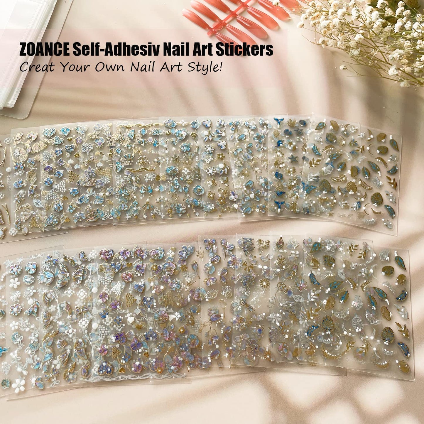 Zoance 20 Sheet 5D Embossed Nail Art Stickers,Luxury Gold Silver Nail Decals Self-Adhesive Metallic Leaves Flower Butterfly French Nail Stripe Line Stickers for Women Salon Home DIY Nail Supplies