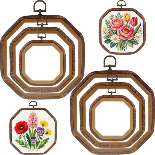 BrightRow 6 Pcs Large Embroidery Hoop Set Decorative Imitated Wood Display Frame Cross Stitch Hoop Ring for Art Craft DIY Sewing and Hanging Ornaments Decor (Octagonal,10+13.9+18.5 cm)