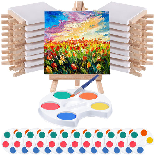 Crtiin Mini Watercolor Paint Set Gifts 4x4" Small Painting Kits Canvas with Easel Paints Brush Art Party and Watercolor Party Favor for School Classroom Birthday(24 Set)