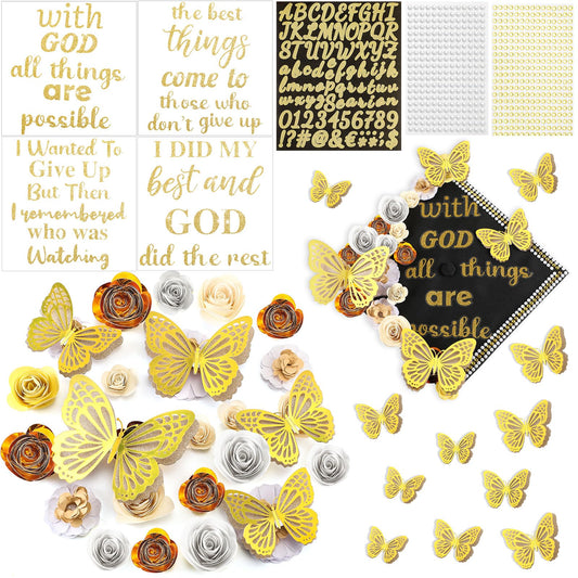 Feifeiya 44 Pcs DIY Graduation Cap Decoration Accessory Kit Faux Paper Flower Head Graduation Quote Glitter Sticker 3D Butterfly Pearl Rhinestone Sticker for Grad Cap Topper Gift(Gold)
