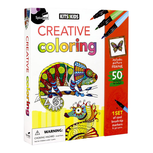 Kits For Kids: Creative Coloring - 50 Coloring Pages, 8 Bursh Tip Markers & 6 Gel Ink Pens, Included Frame, Coloring Activity Art Set, Kids Ages 8+