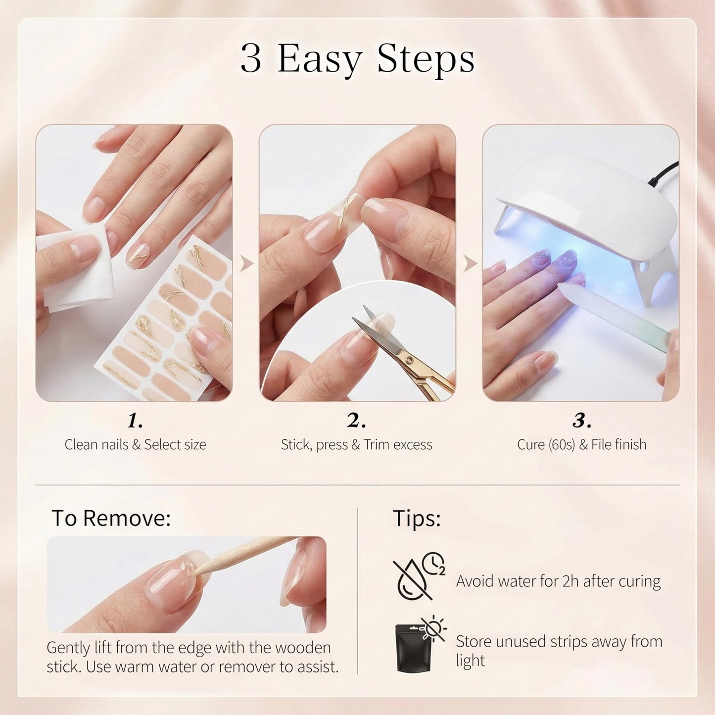 Sun&Beam Nails Nail Stickers 20pcs | UV-Cured Hard-Type Full Cover Nail Strips（#001 Crystal Snow）