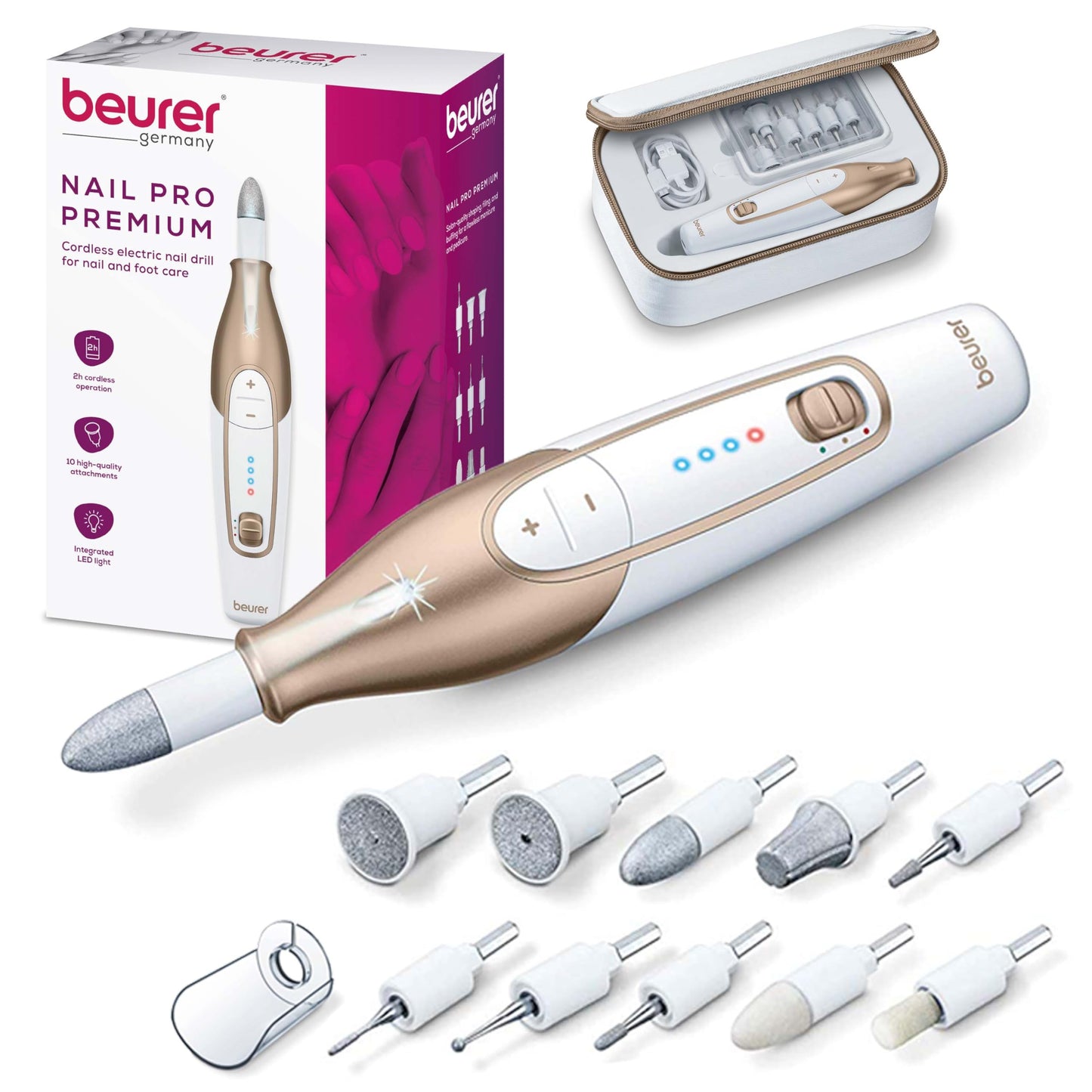 Beurer MP64 Nail Drill Kit, Cordless Electric Nail File with 10 Attachments and LED Light, Electric Manicure Set with Adjustable Speed, E-File for Manicure and Pedicure, with Storage Case
