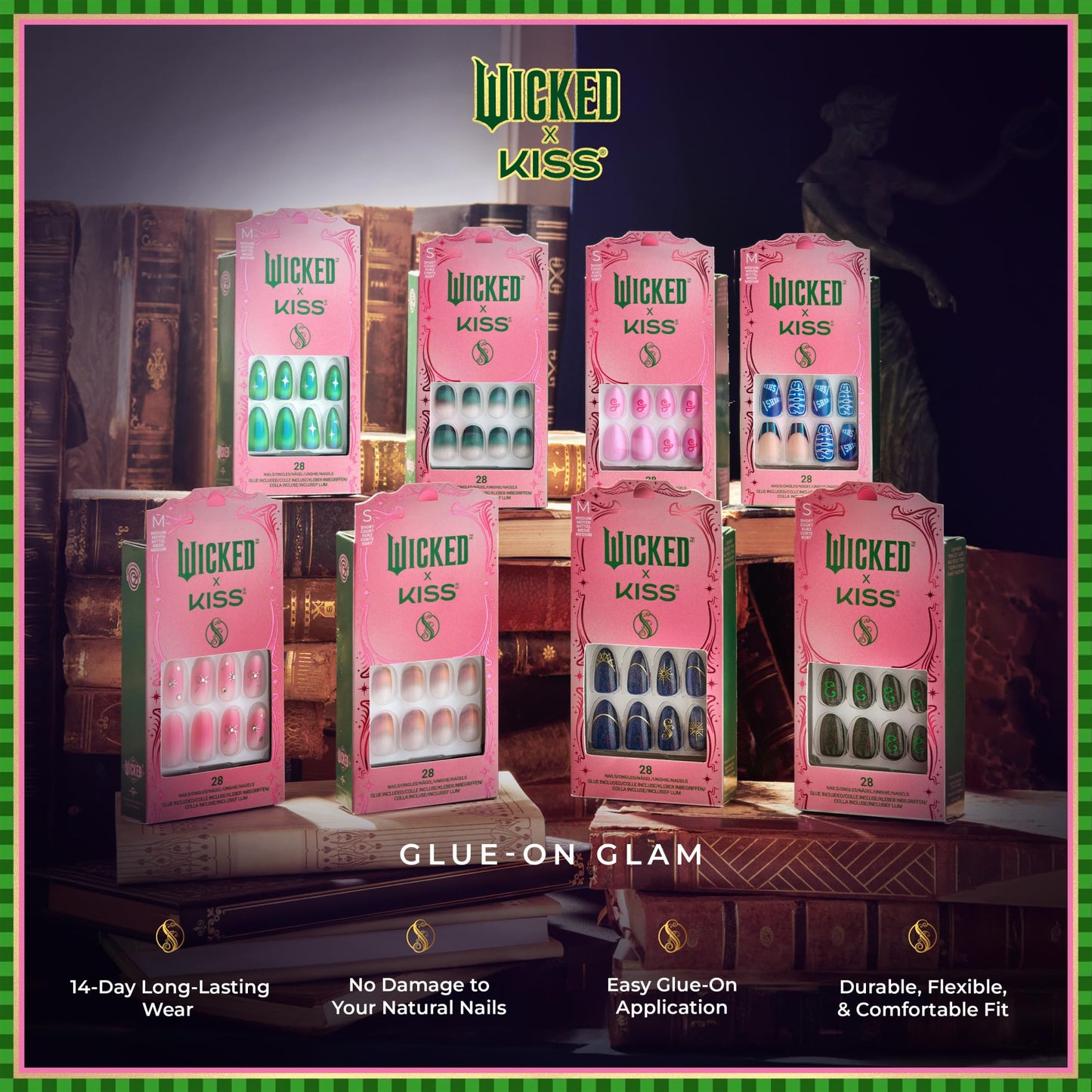 WICKED X KISS Press On Nails Almond, ‘Shiz Chemistry Club’, Blue, Medium, Waterproof, Chip Proof, Smudge Proof, 28 Fake Nails, Pink Gel Nail Glue (2g), Mini Nail File, & Manicure Stick
