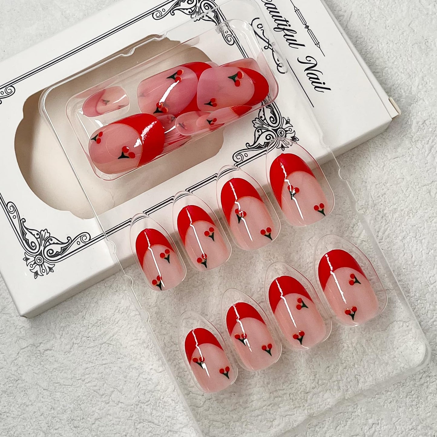 ROFIBUT Red French Tip Press on Nails Almond Short Fake Nails Cute Nude Pink Full Cover Glue on Nails with Red Cherry Glossy Artificial Stick on Nails Reusable Acrylic False Nail for Women Girls 24Pcs