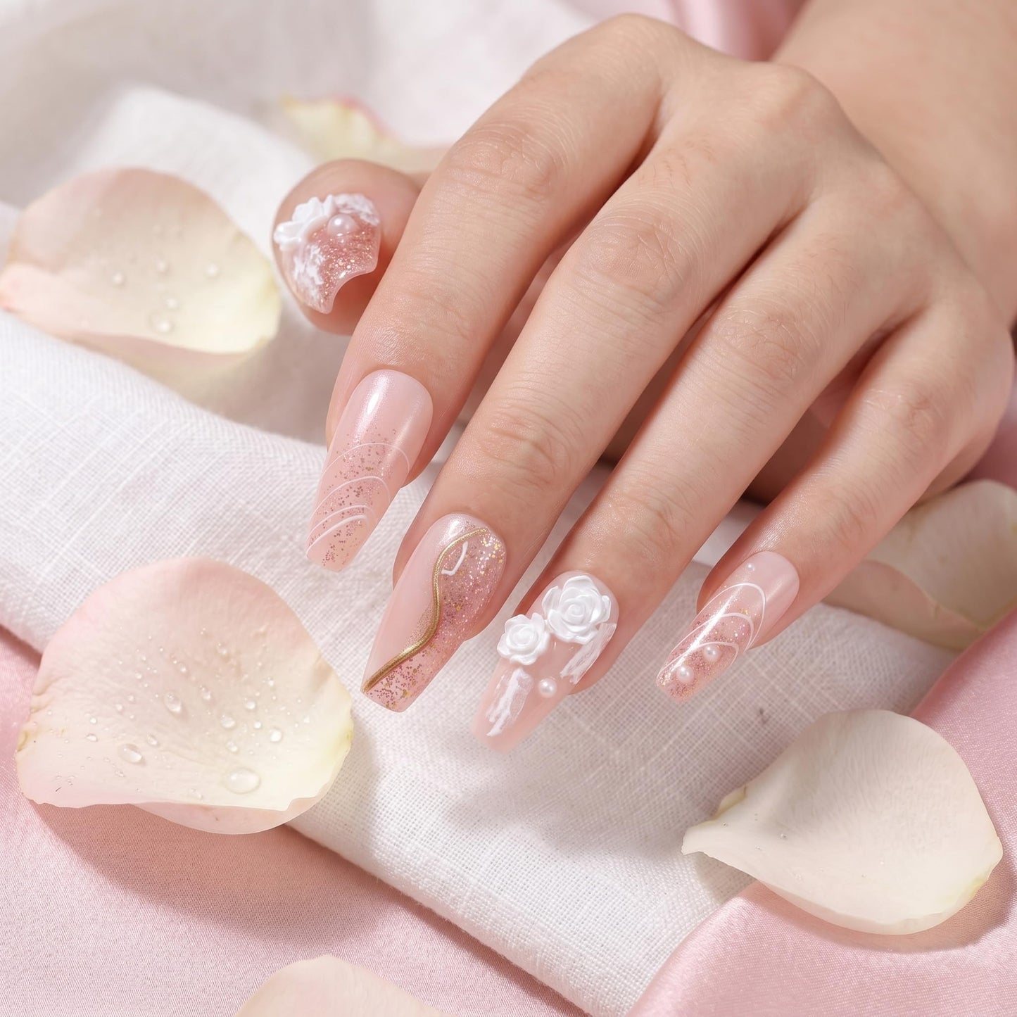Sun&Beam Nails Handmade Press On Nails Long Coffin Peach Pink Glitter with White Roses and Pearls 10 Pieces for Everyday Wear and Special Occasions (#002 S)
