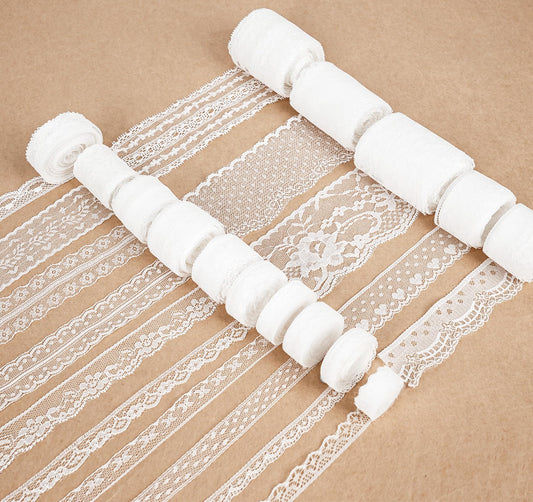 ilauke 82 Yards White Lace Ribbon 15 Rolls Vintage Lace Trims with Assorted Crochet & Sewing Patterns, Vintage Floral Designs for Wedding Decor,Gift Wrapping,Scrapbooking Doll Clothes Decor