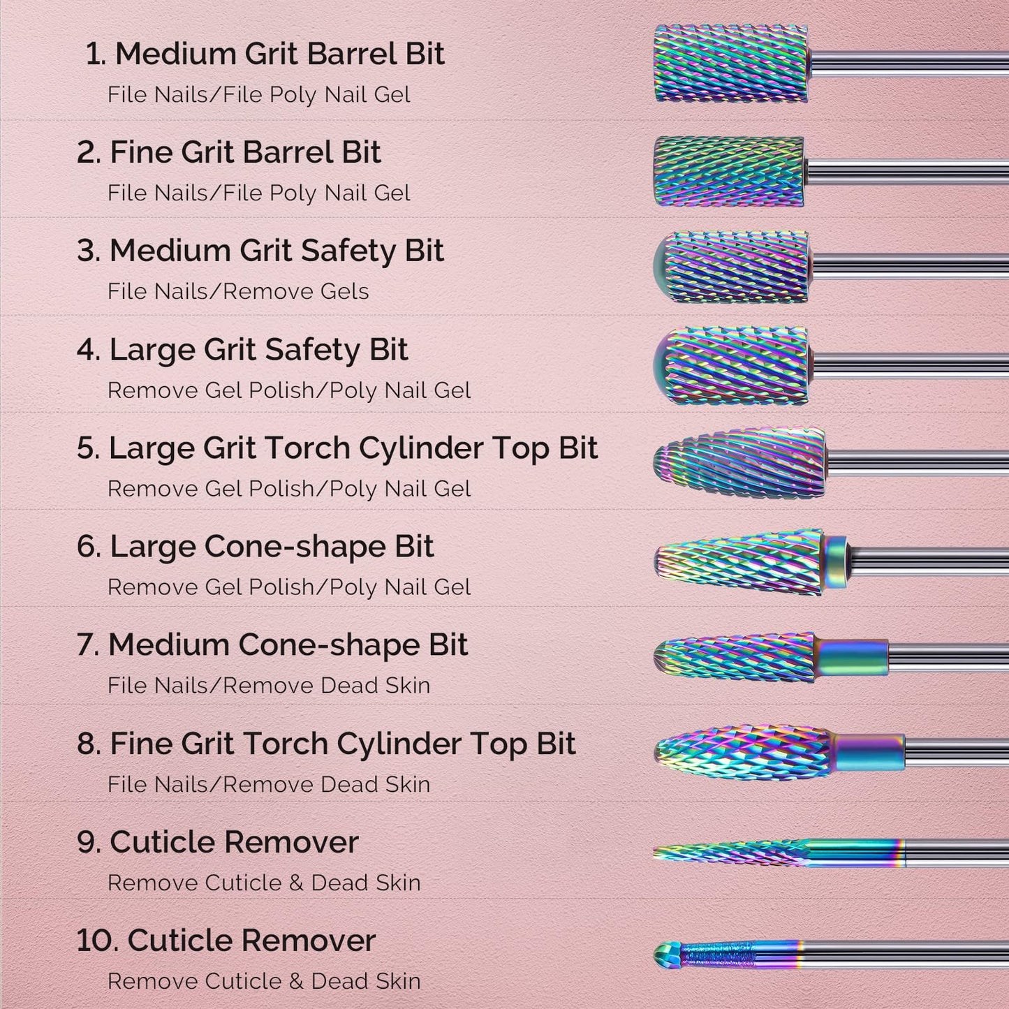 MelodySusie Nail Drill Bits Set, 10pcs Tungsten Carbide Nail Bits for Nail Drill E-file, 3/32 inch Bits Manicure Pedicure Remover Tools for Acrylic Gel Nails, Salon Home Nail Care Supplies, Colorful