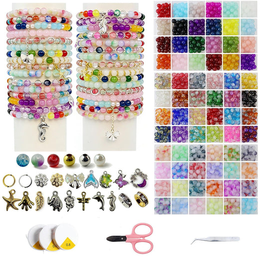 【3 Pack】 8mm Glass Beads for Jewelry Making，1800+pcs 72 Colors Round Crystal Glass Beads DIY Bracelet Making Kit with Accessories，Solid、Crackle and Gradient Colors 3 Box