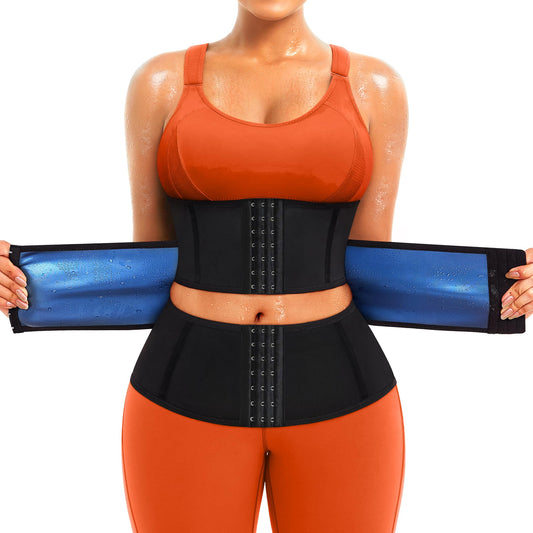 TrainingGirl Waist Trainer for Women Belly Working Out Trimmer Corset Sauna Sweat Belt Band Stomach Wrap Body Shaper Fajas (Black-Blue inner, X-Large)