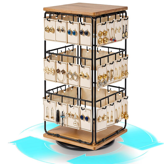 Rotating Earring Display Holder Stand for Vendors Events Selling, Large Capacity 48 Hooks Jewelry Rack with Wooden Base for Earring Card Sales, Enhances Retail Visibility