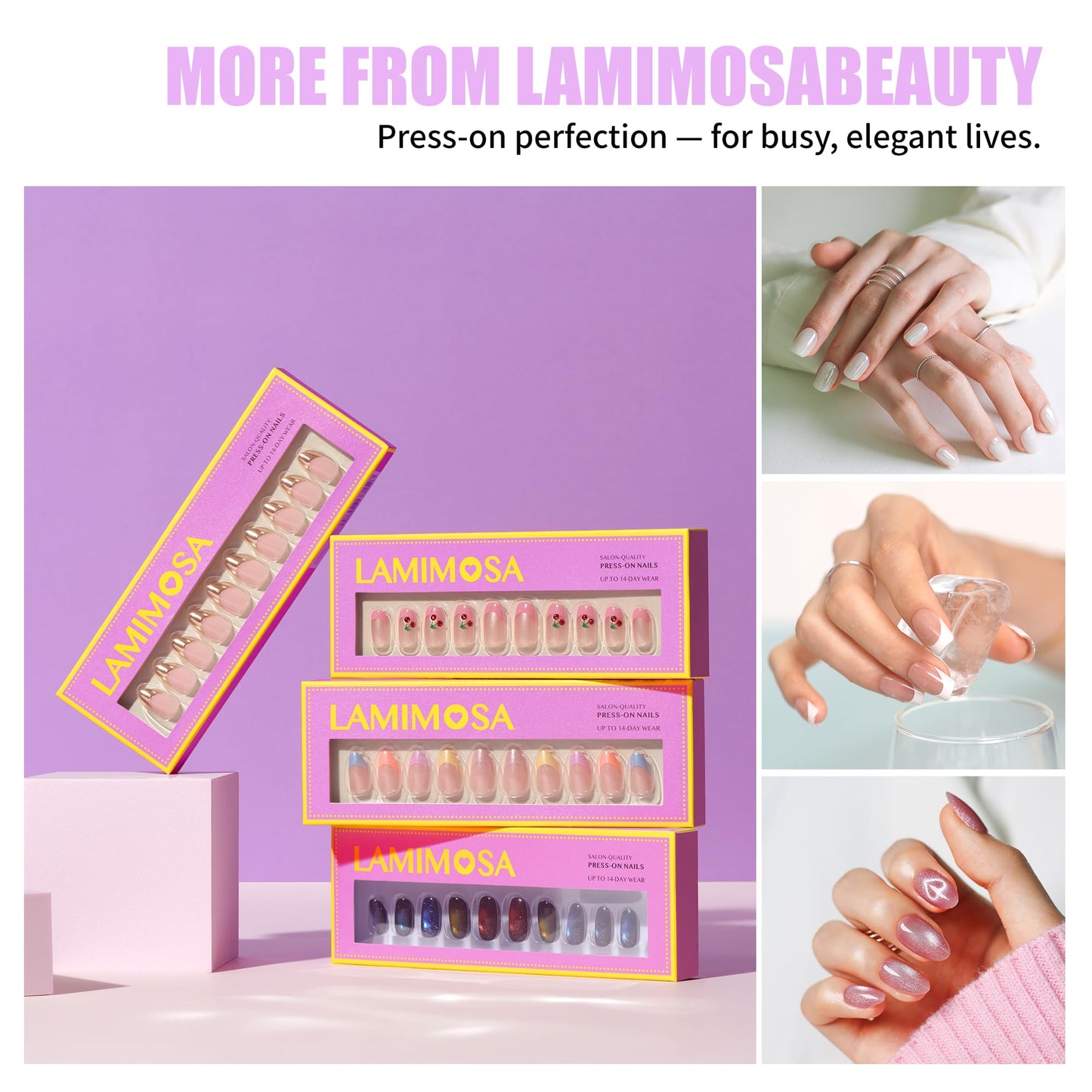LAMIMOSA 32Pcs French Tip Press on Nails Short Almond - Soft Gel Fake Nails in 16 Sizes with 3D Pearl Accents, Reusable Semi-Transparent Glue on Nails kit in Glazed Finish, PEARLY WISH