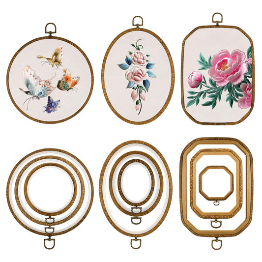 HANLANXUE 9 Pcs Large Embroidery Hoop Frame Set, 4 Shape Round, Oval, Rectangle and Octagonal Decorative Imitated Wood Display Frame for DIY Sewing Craft Hanging Ornaments