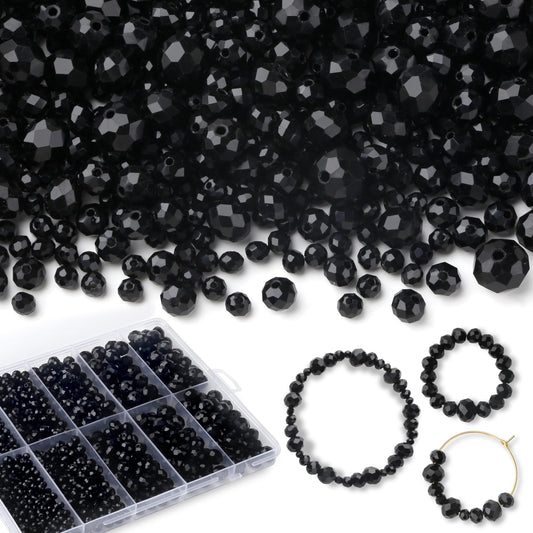 QINJIEJIE 1000Pcs 4/6/8/10mm Black Glass Beads for Jewelry Making Assorted Glass Beads for Suncatchers Bulk Crystal Beads for Bracelets Necklace Pendants Making DIY Supplies (Black)