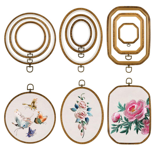 simarro 9 Pcs Large Embroidery Hoop Embroidery Frame Set , 4 Shape Decorative Imitated Wood Cross Stitch Hoop for Art Craft Sewing Circle Oval Octagonal Embroidery Hoops