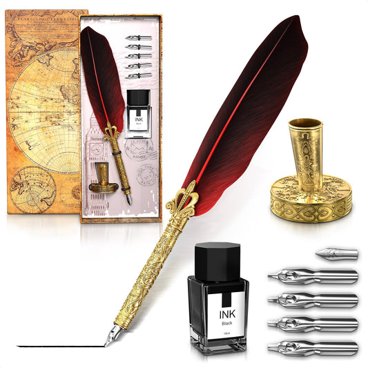 Red Feather Quill Pen and Ink Set with 6 Stainless Steel Nibs (0.6-3mm) - Antique Kit with Inkwell, Stand, Gift Box - 11.4" Feather Pen and Ink Set for Calligraphy Practice, Signatures & Vintage Decor