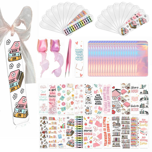 Qrhky 86PCS Acrylic Bookmark Blanks Kit, 20PCS Blank Bookmarks with 25PCS Book Lover UV DTF Sticker, 20PCS Ribbon, 20 Holographic Bags, 1PCS Tweezers, Clear Bookmark Kit for DIY and Gifts