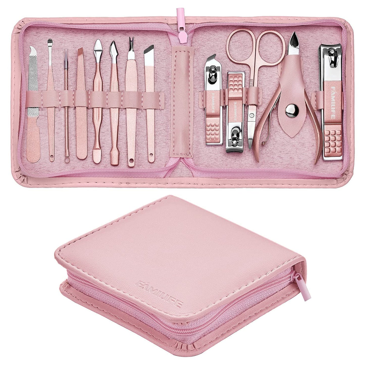 FAMILIFE Manicure Set, Pedicure Kit Nail Clipper Set 16pcs Professional Men Black Grooming Kit and 13pcs Pedicure Kit Rose Gold Nail Clipper Set Professional Manicure Kit Pink Stainless Steel