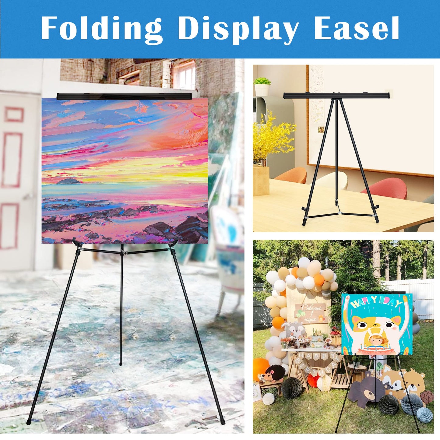 Falling in Art Aluminum Flip Chart Display Easel Stand with Adjustable Floor for Boardroom, Whiteboard, Paper Pads, Signage, 63 1/2'' High, Black