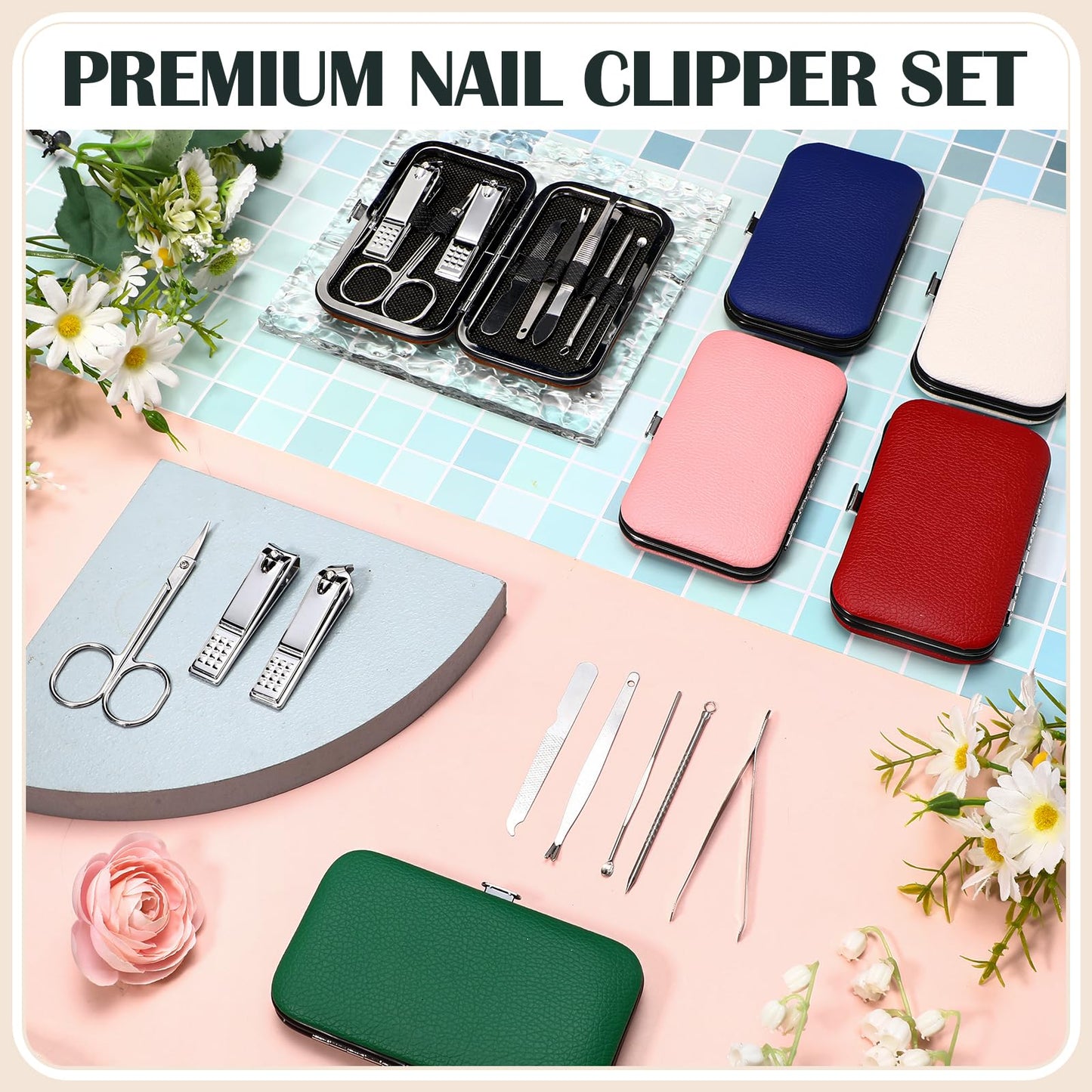 Leriton 60 Pack Manicure Set Bulk Gifts, 8-in-1 Stainless Steel Nail Clipper Set with Case, Appreciation Gifts for Nurses Week, Mother's Day, Women, Employees, Coworkers(Mix Color,Warm)