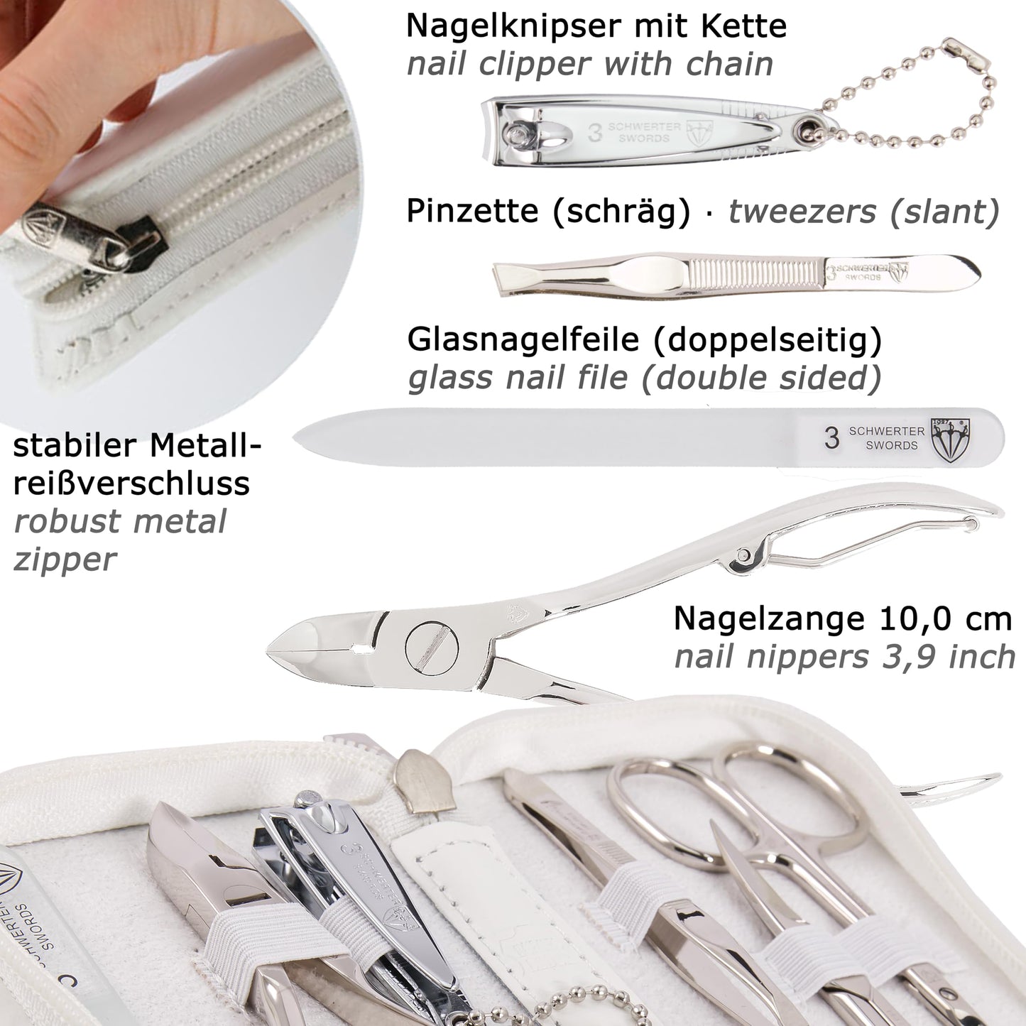 3 Swords Germany - brand quality 6 piece manicure pedicure grooming kit set for professional finger & toe nail care scissors clipper genuine leather case in gift box, Made in Solingen Germany (02266)