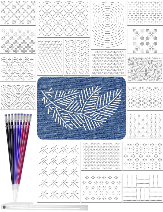 Gezan 20 Pcs Sashiko Stencils 8.3 x 5.9 Inch Plastic Sashiko Template Pattern Geometric Embroidery Stabilizers Drawing Line Template for Hand Quilting Sewing