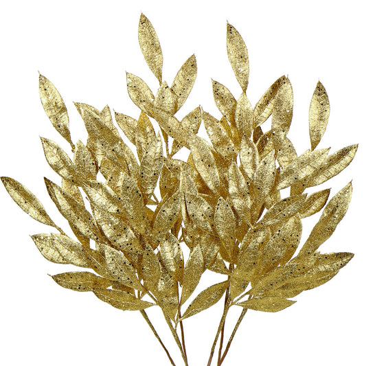 DILATATA 6Pcs Christmas Glitter Leaves Bay Leaves Spray 24" Artificial Gold Bay Leaf Picks Sprays Giltter Stems for Christmas Tree DIY Xmas Wreath Garland Home Decor - Gold
