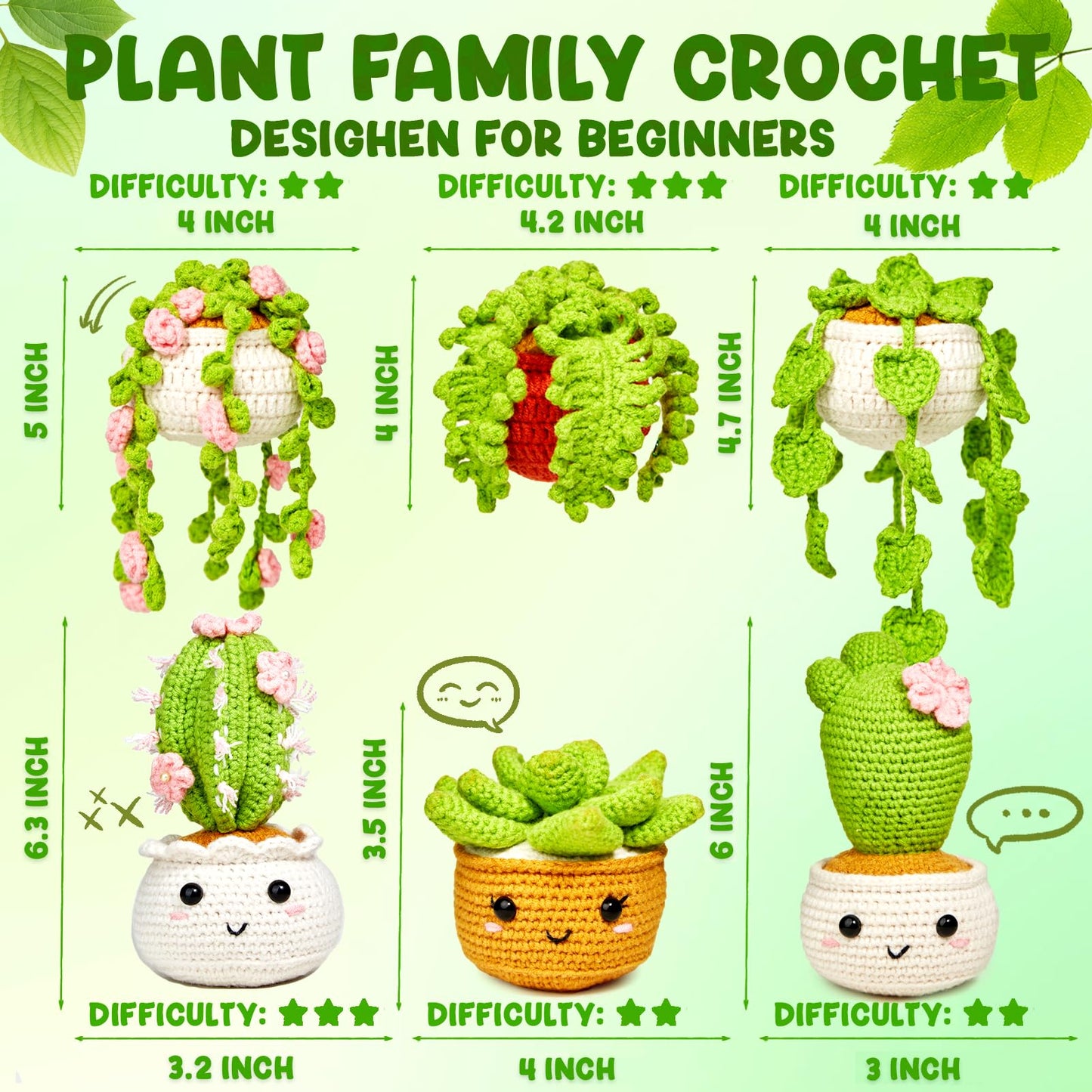 MAGIMUSE Crochet Kit for Beginners, Crochet Starter Kits, Amigurumi Craft Knitting Crocheting Kits with Step-by-Step Video Tutorials, 6 Pack Hanging Potted Plants Family(40%+ Yarn
