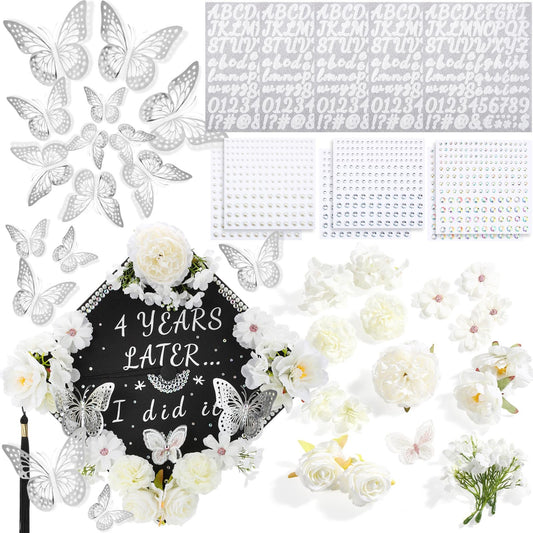 Hoteam DIY Graduation Cap Decorations Kit Included Faux Flowers 3D Butterfly Self Adhesive Rhinestones Glitter Alphabet Letter Stickers for 2026 Grad Cap Topper Party Gifts Decor(White)