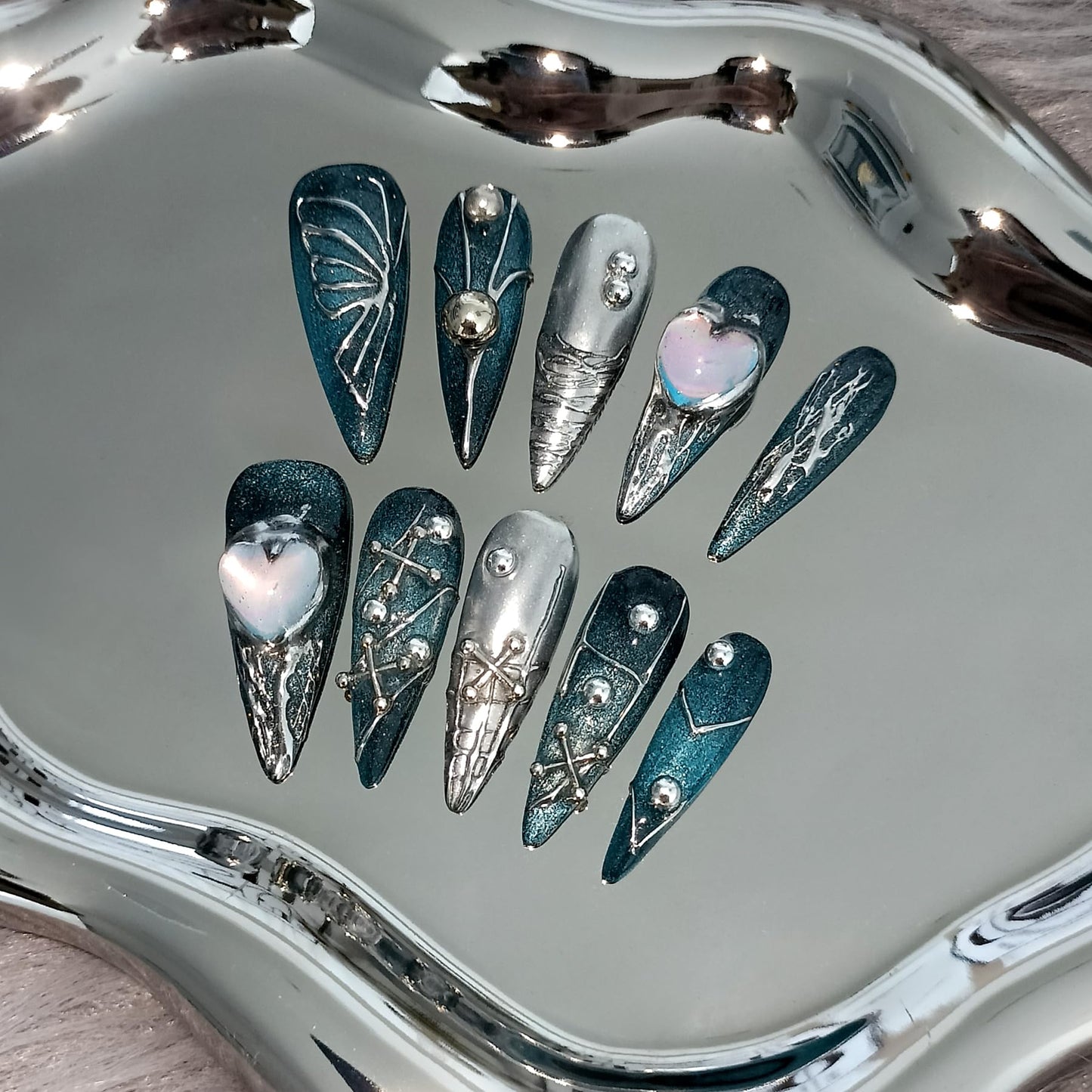 TENPAL Handmade Press on Nails Long Stiletto,Galaxy Ombre Blue-Black Fake Nails with 3D Butterflies Cross Beads Gem Stones,Edgy Y2K Metal Embossed Meteor Glitter Design Salon False Nail Kit 10pcs(L)