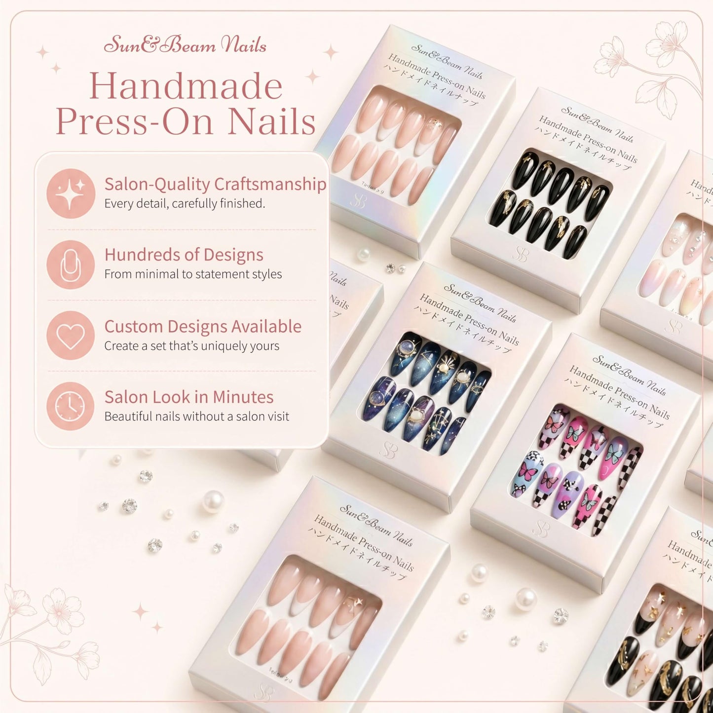 Sun&Beam Nails Handmade Press on Fake Nails Medium Long Nail Tips Popular Design Ballerina Pink 3D Flower Cute Pearl with Storage Box 10 Pcs (#002 L)