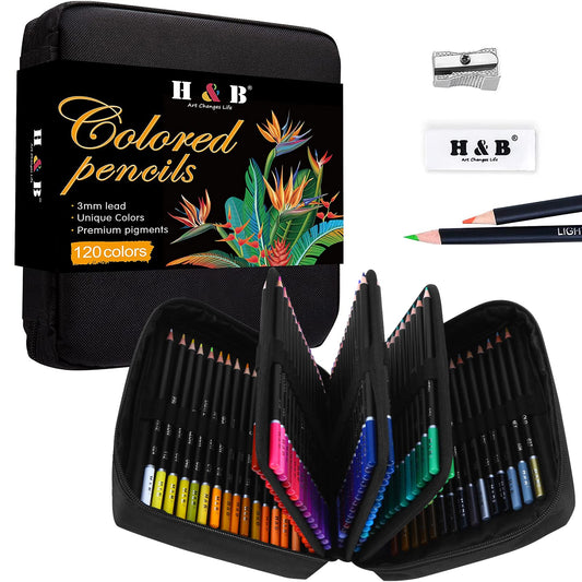 H & B 120 Colored Pencils Kit,Oil Based Soft Core, Professional Color Drawing Set with Case Sharpener,Sketching Layering Blending,Art Set & Supplies for Adults Kids Teens Beginner Coloring,Artist's