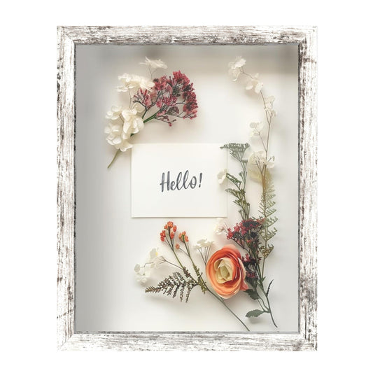 FrameWorks 11x14 Driftwood Wooden Shadow Box Frame – Soft Felt Back, Tempered Glass, and Included Elegant White Ball Push Pins
