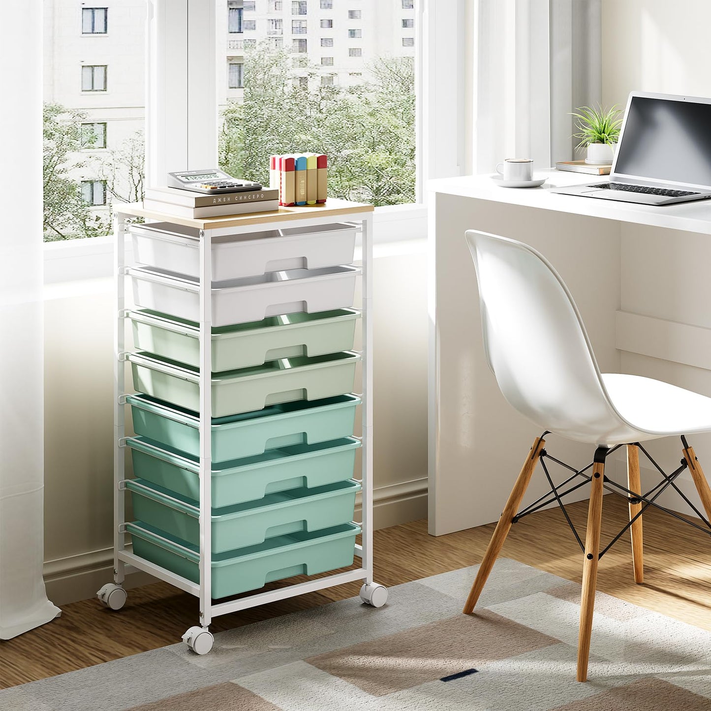 Storage Cart with 8 Drawers, Utility Cart with White Drawers and Wooden Tabletop, Craft Cart, Teacher Organization for Classroom, Storage Furniture, Office Organization, Green