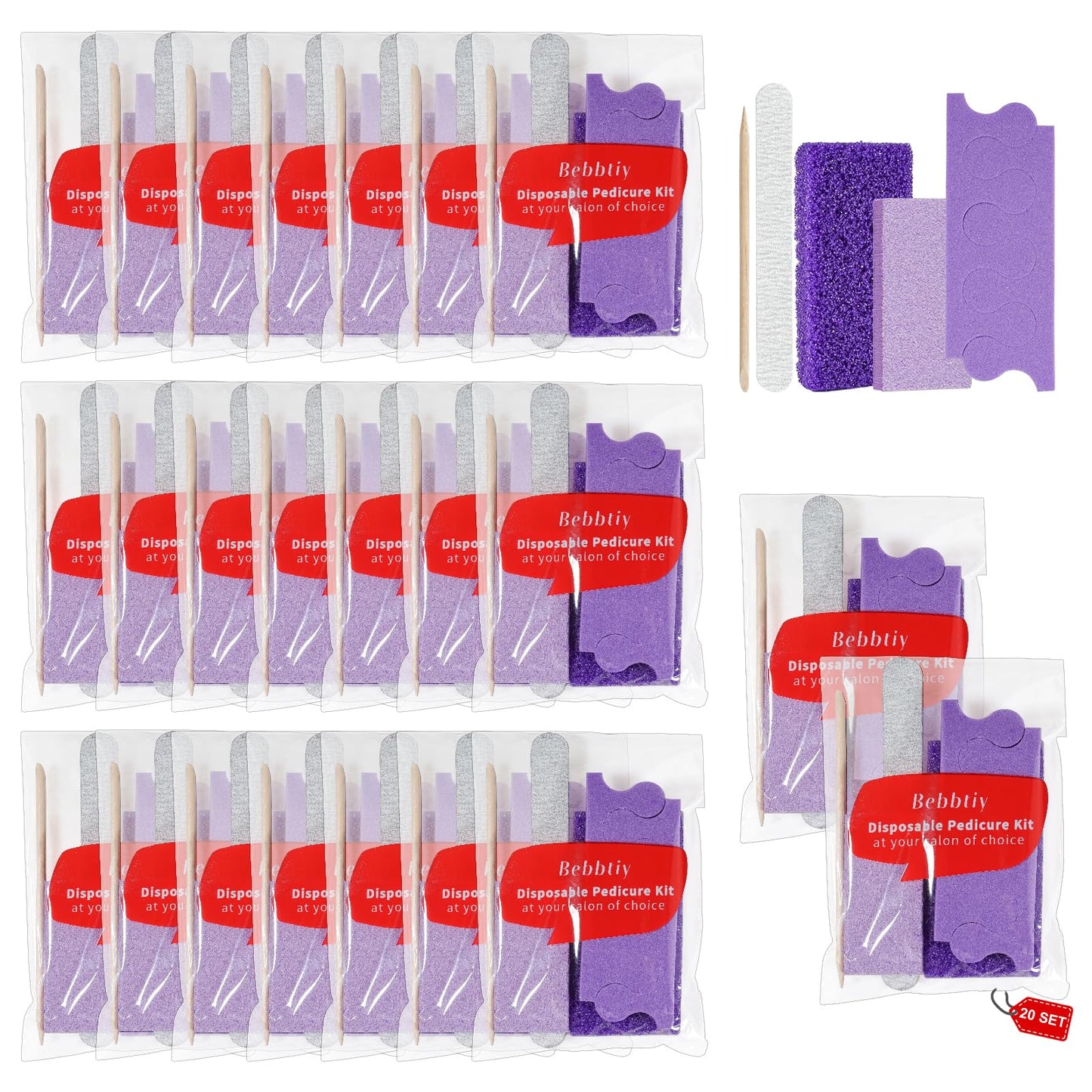 Disposable Pedicure Kit Sets, 5 in 1 Nail Salon Manicure Pedicure Kit Professional, Nail File, Pumice Pad, Mini Buffer, Toe Separator, Wood Stick, Individually Package (20, Count, 80/100 Grit)