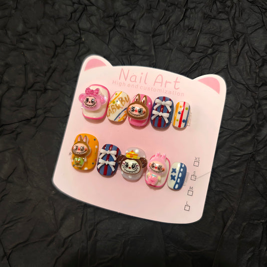 11Pcs(1Pack) Handmade Press On Nails Long Square Nails 30mm with Ring Nude Black Nails 3D Bow Polka Dot Cute Elegant Nail Art for Women Daily Party Wear Size M