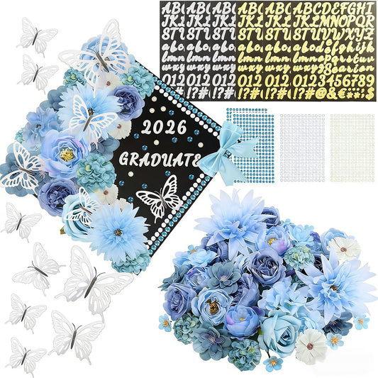 69 Pcs Graduation Cap Decorations Kits, Grad Cap Topper Decorations Included Faux Flowers 3D Butterfly Bow Rhinestones Alphabet Letter Stickers for Graduation Cap Topper DIY Craft Art Decor (Blue)