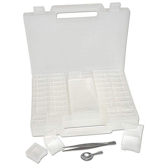 The Beadsmith Bead Organizer Carrying Case, 55 piece set, with removable compartments in assorted sizes, a carrying case, plus a bead scoop and tweezer.