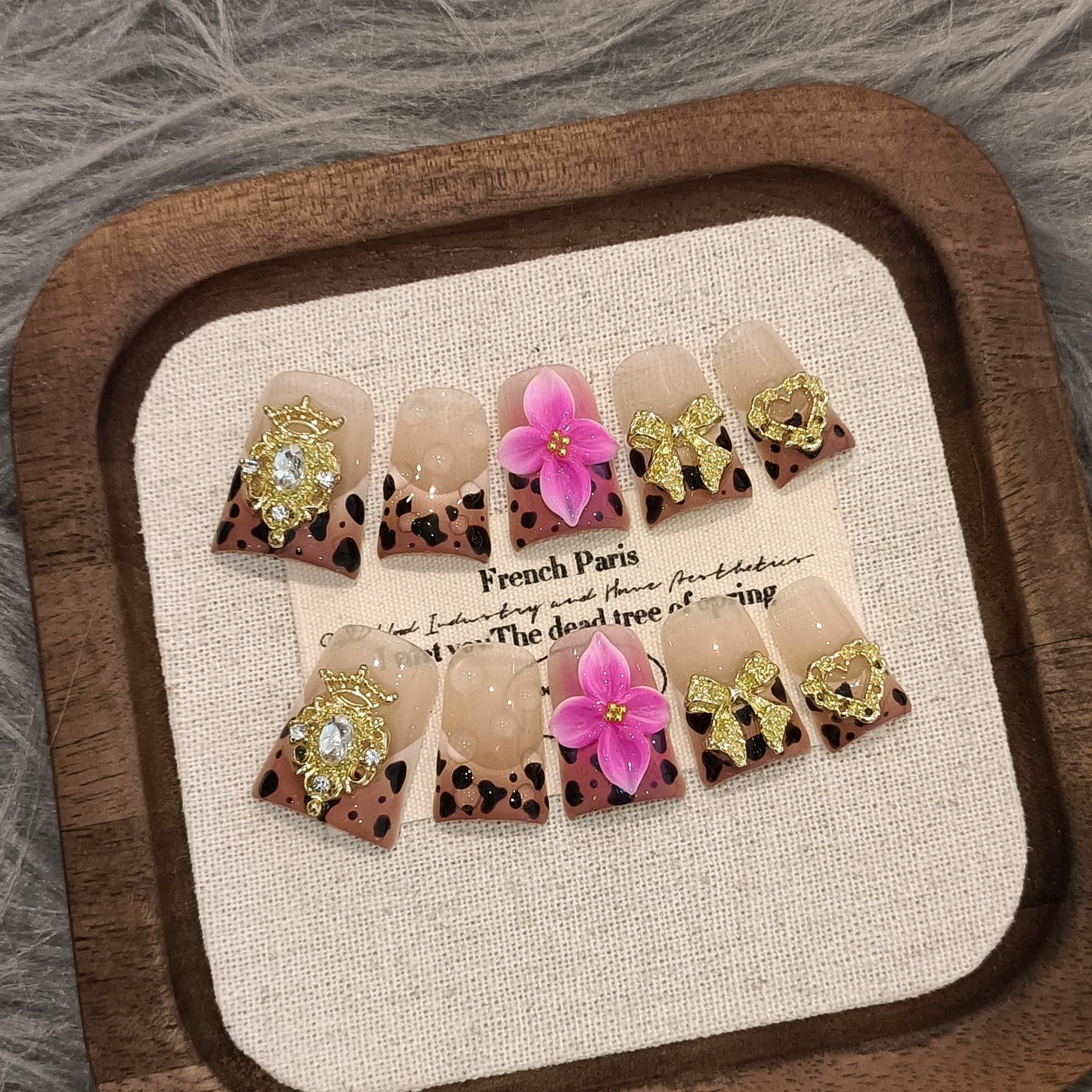 TENPAL Duckbill Nails,Brown Leopard French Tips Press on Nails with Kit,Soft Gel Fake Nails with 3D Charms Hearts Bows Flowers,Metallic Edgy Punk Y2K False Nail with Rhinestone for Winter Fall(S)