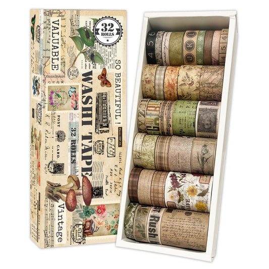 Vintage Washi Tape Set for Scrapbooking & Journaling - 32 Rolls Floral, Cute Decorative Tapes with Assorted Widths, Retro Aesthetic DIY Gift for Bible, Bullet, Junk Journal Supplies (Christmas Tape)