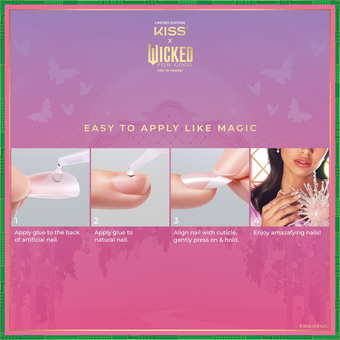 KISS X WICKED: FOR GOOD Press On Nails Almond, ‘Find Your Courage’, Purple, Medium, Waterproof, Chip Proof, Smudge Proof, 28 Fake Nails, Pink Gel Nail Glue (2g), Mini Nail File, & Manicure Stick