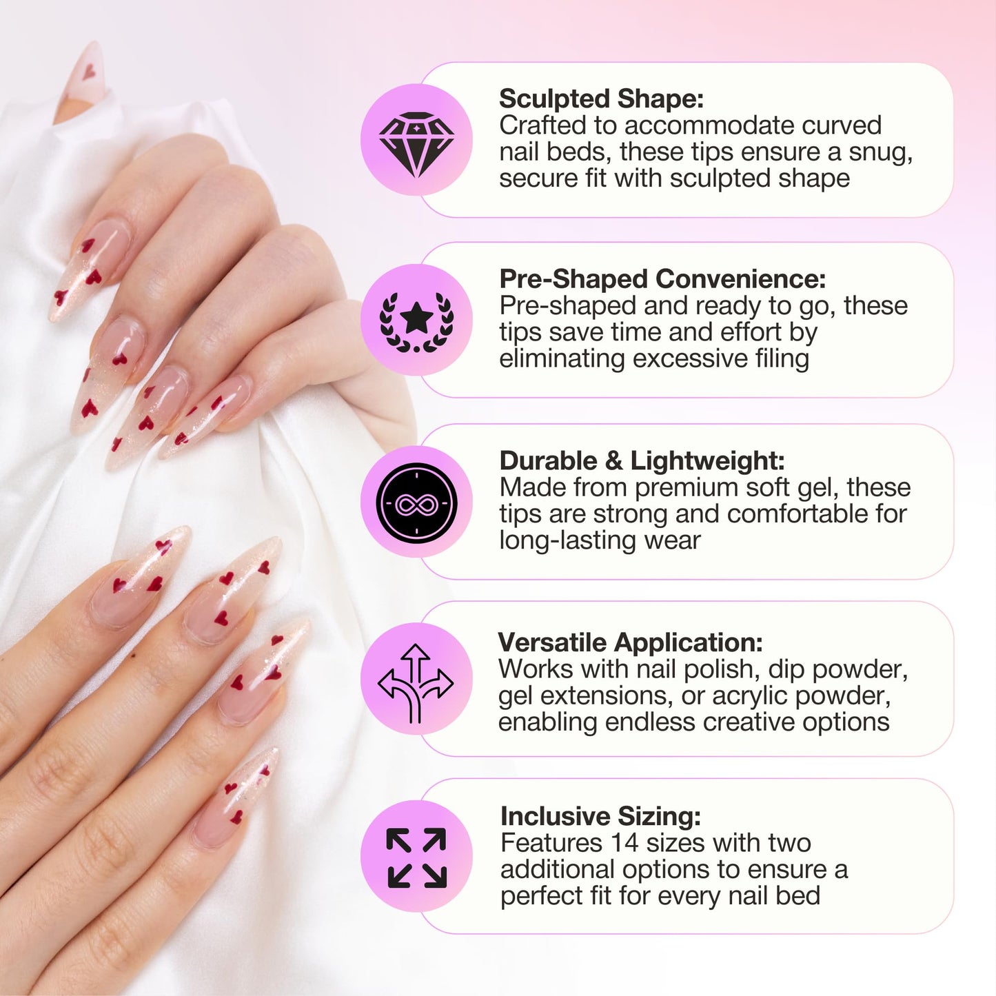 Curacoro Sculpted Short Almond Gel Nail Tips 420Pcs, Clear Full Cover Soft Acrylic Tips 14 Sizes, Easy to Use, Long-Lasting, Glossy Finish