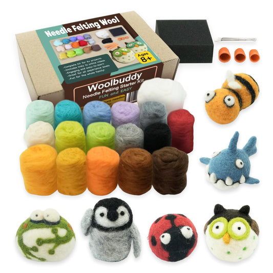 Woolbuddy Needle Felting Wool Kit – Starter Set to Make 6 Cute Animals – Includes Wool, Pad, Needles & Instructions for Beginners and Adults